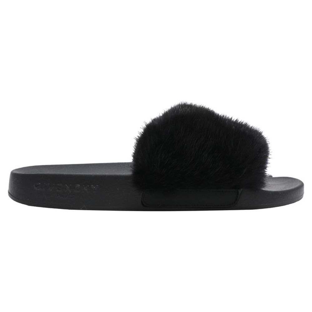 Givenchy Fur Trim Slides in Black Rubber